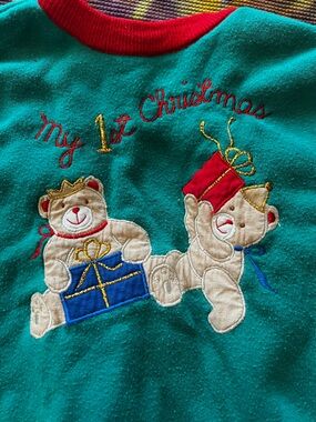 🎁 VTG 90s My 1st Christmas Bear Fleece Footie Sleeper Holiday Baby Bunting